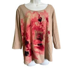 JONES NEW YORK WOMAN Size 1X Floral Print 3/4 Sleeve Scoop Neck Top Beige Pink